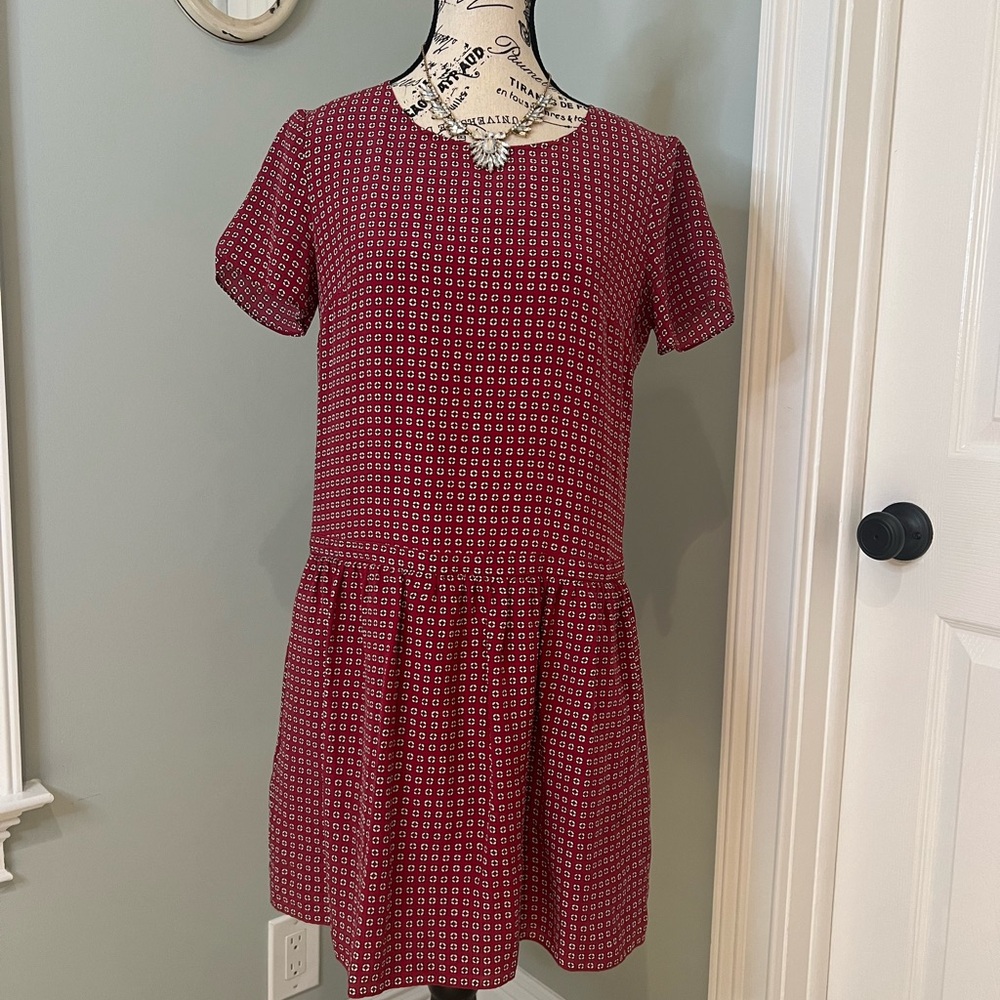 Madewell Silk Ascot Tile Maroon Red white short sleeve Drop Waist dress | Size 0 - Picture 5 of 14